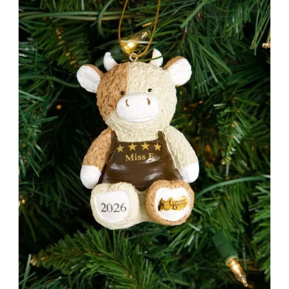 Cracker Barrel Christmas Miss E White and Brown Cow Resin Ornament NEW 2026